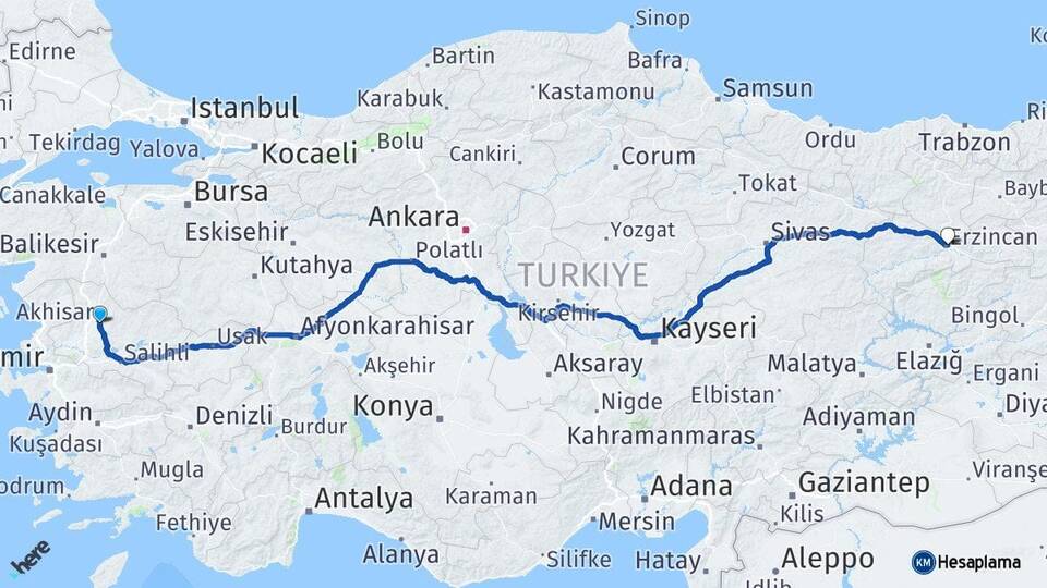 Manisa Akhisar Erzincan Arası Kaç Km - Yol Haritası