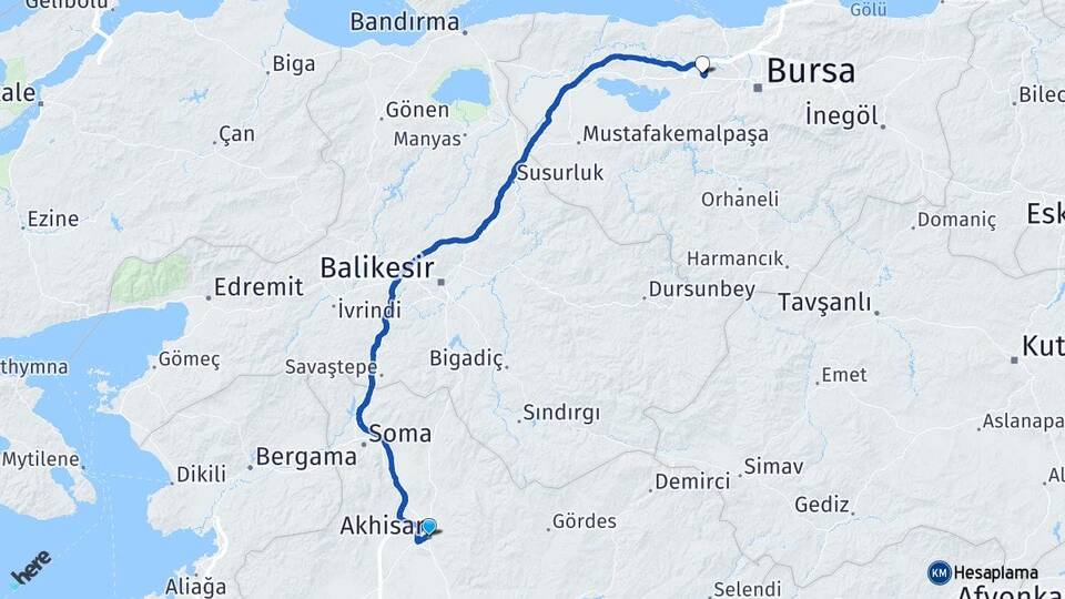 Manisa Akhisar Görükle Nilüfer Bursa Arası Kaç Km - Yol Haritası