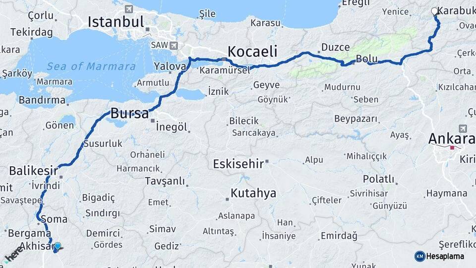 Manisa Akhisar Karabük Arası Kaç Km - Yol Haritası