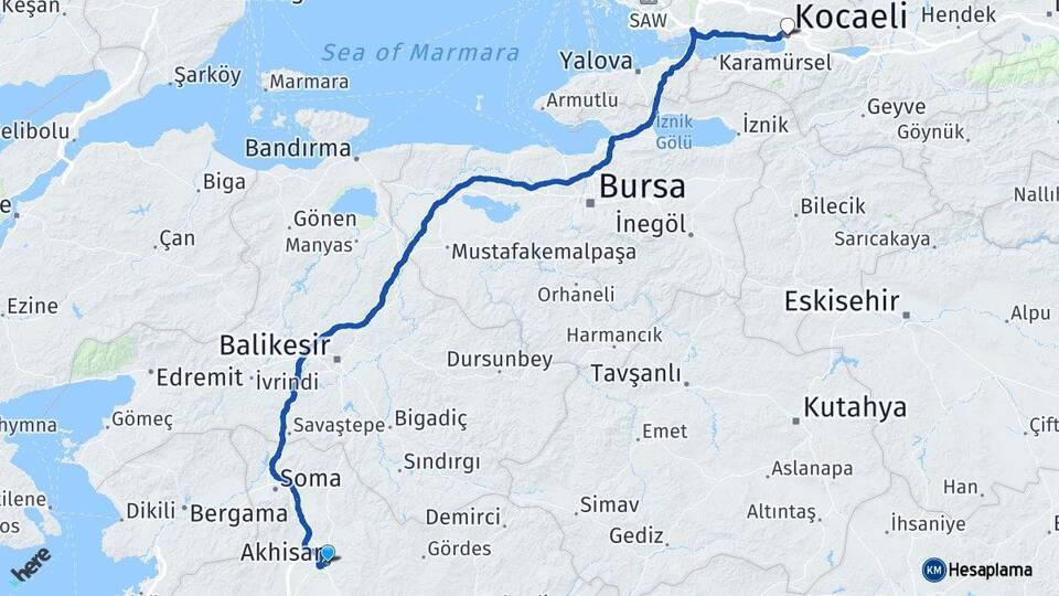 Manisa Akhisar Kocaeli Arası Kaç Km - Yol Haritası