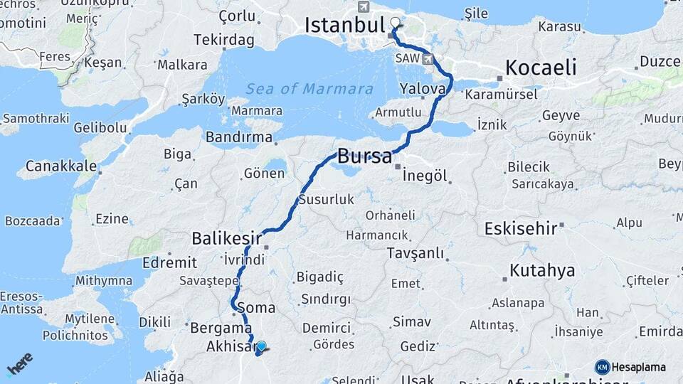 Manisa Akhisar Maslak Sarıyer İstanbul Arası Kaç Km - Yol Haritası
