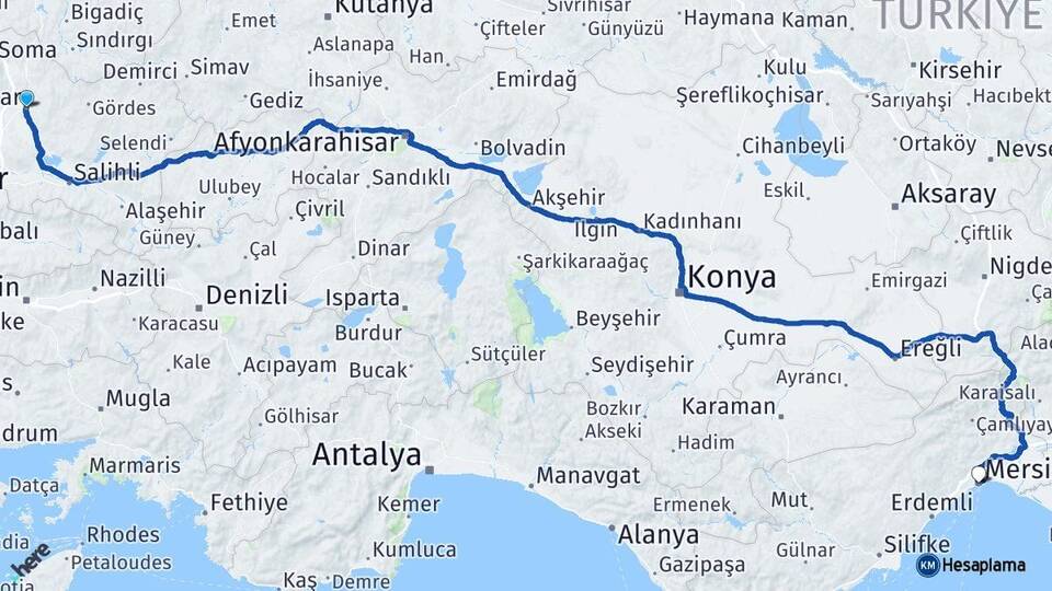 Manisa Akhisar Mersin Arası Kaç Km - Yol Haritası
