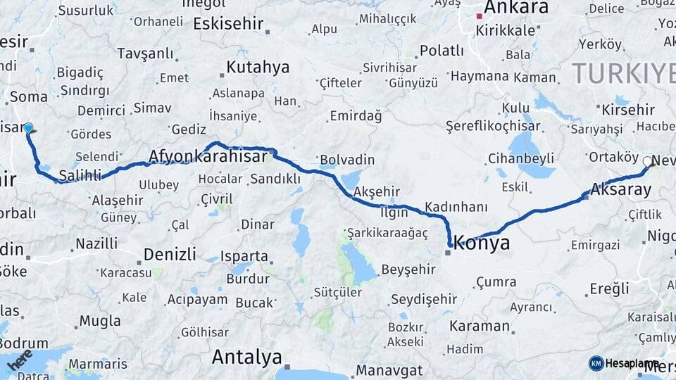 Manisa Akhisar Nevşehir Arası Kaç Km - Yol Haritası