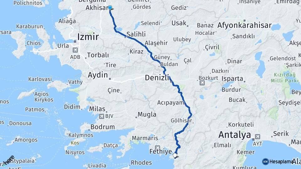 Manisa Akhisar Ölüdeniz Fethiye Muğla Arası Kaç Km - Yol Haritası