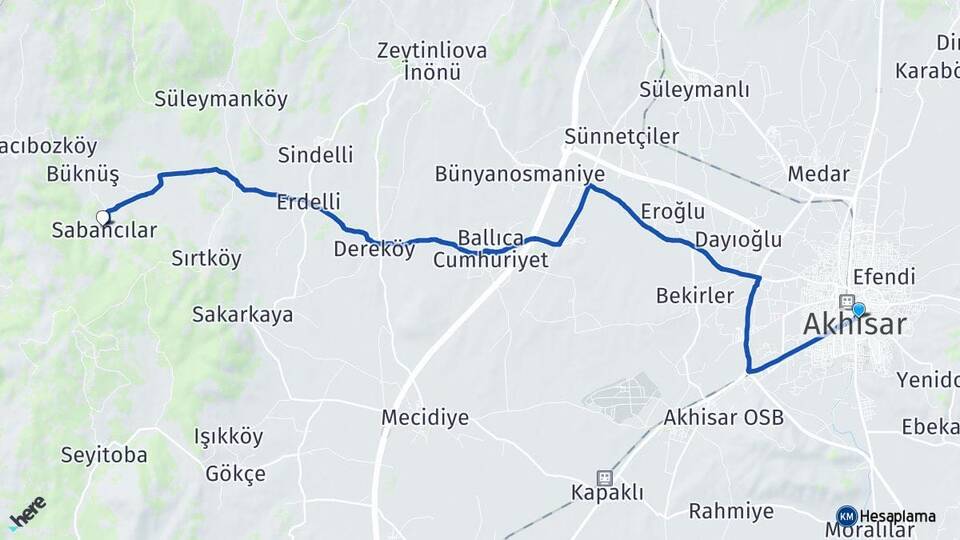 Manisa Akhisar Sabancılar Akhisar Arası Kaç Km - Yol Haritası