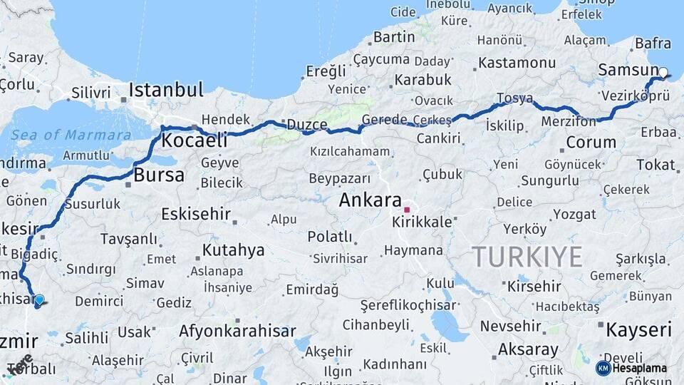 Manisa Akhisar Samsun Arası Kaç Km - Yol Haritası
