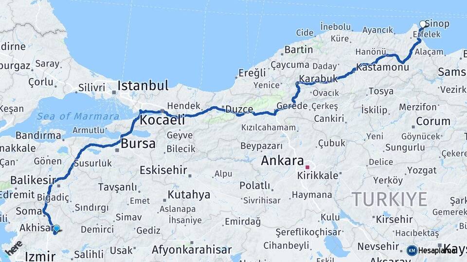 Manisa Akhisar Sinop Arası Kaç Km - Yol Haritası