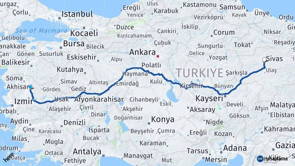 Manisa Akhisar Sivas Arası Kaç Km - Yol Haritası