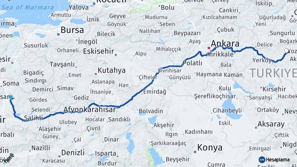 Manisa Akhisar Yozgat Arası Kaç Km - Yol Haritası