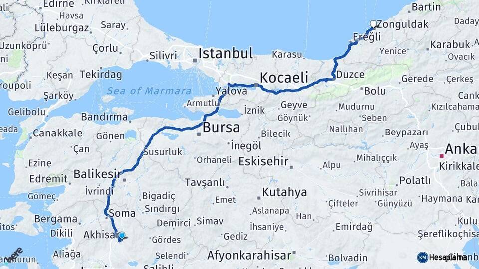 Manisa Akhisar Zonguldak Arası Kaç Km - Yol Haritası