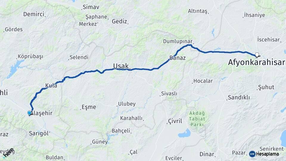 Manisa Alaşehir Afyonkarahisar Arası Kaç Km - Yol Haritası