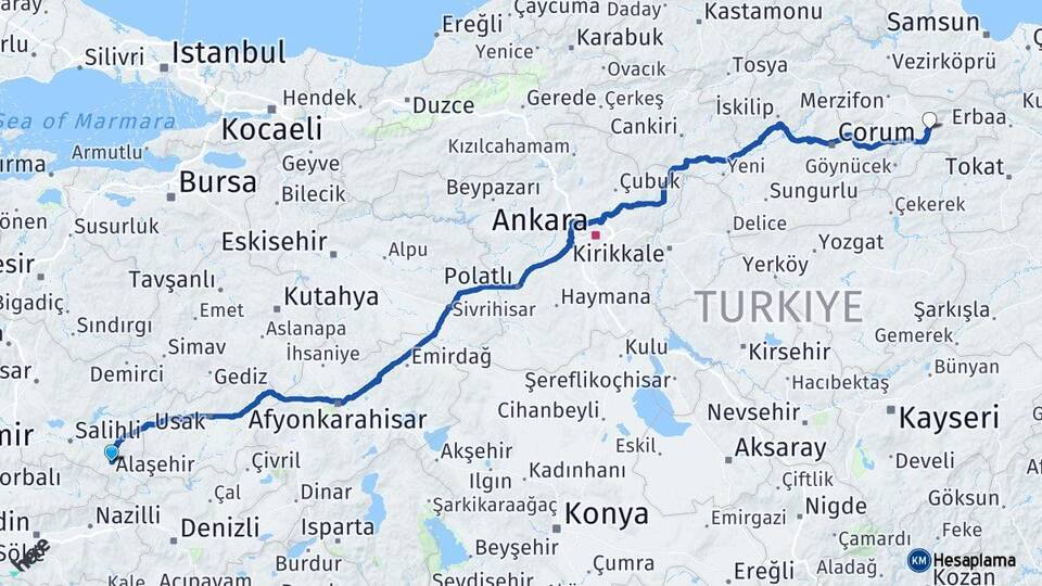 Manisa Alaşehir Amasya Arası Kaç Km - Yol Haritası
