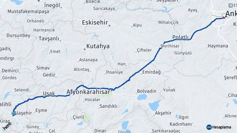 Manisa Alaşehir Ankara Arası Kaç Km - Yol Haritası