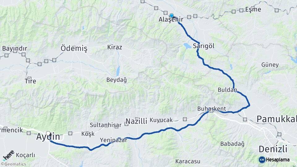 Manisa Alaşehir Aydın Arası Kaç Km - Yol Haritası