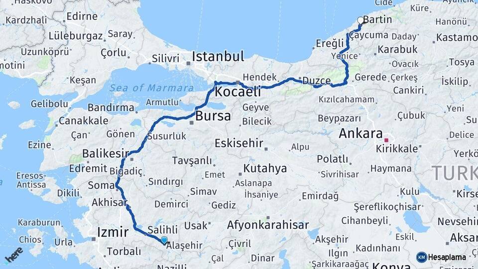Manisa Alaşehir Bartın Arası Kaç Km - Yol Haritası
