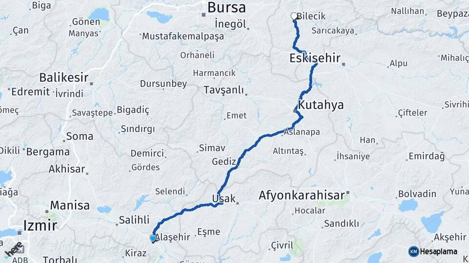 Manisa Alaşehir Bilecik Arası Kaç Km - Yol Haritası