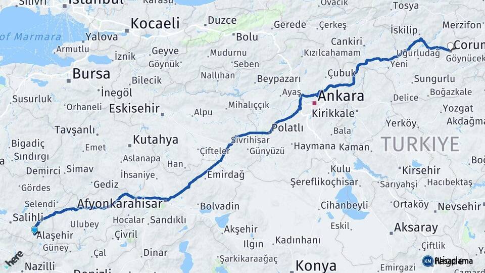 Manisa Alaşehir Çorum Arası Kaç Km - Yol Haritası