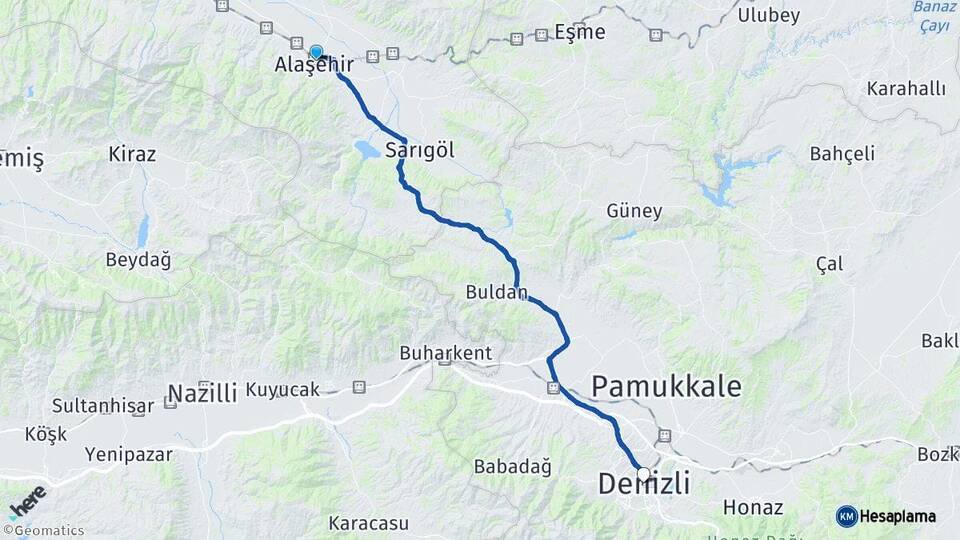 Manisa Alaşehir Denizli Arası Kaç Km - Yol Haritası