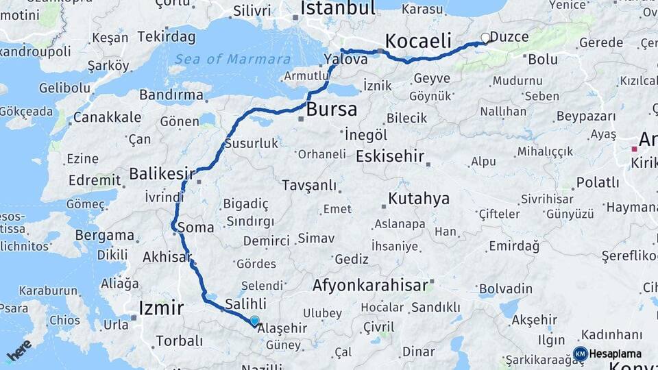 Manisa Alaşehir Düzce Arası Kaç Km - Yol Haritası