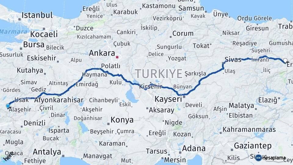 Manisa Alaşehir Erzincan Arası Kaç Km - Yol Haritası