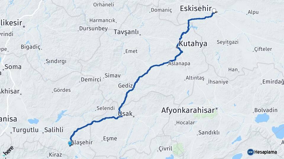 Manisa Alaşehir Eskişehir Arası Kaç Km - Yol Haritası