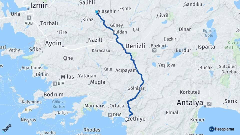 Manisa Alaşehir Fethiye Muğla Arası Kaç Km - Yol Haritası