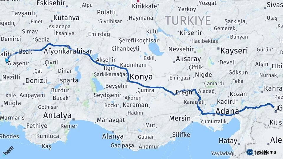 Manisa Alaşehir Gaziantep Arası Kaç Km - Yol Haritası