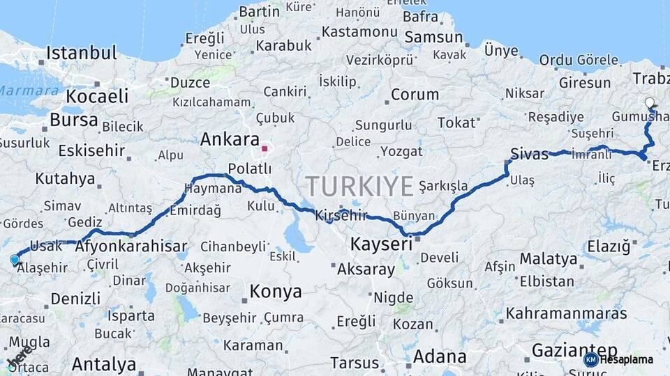 Manisa Alaşehir Gümüşhane Arası Kaç Km - Yol Haritası