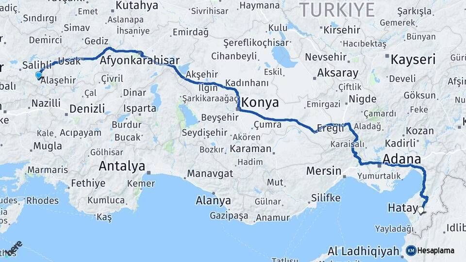 Manisa Alaşehir Hatay Arası Kaç Km - Yol Haritası