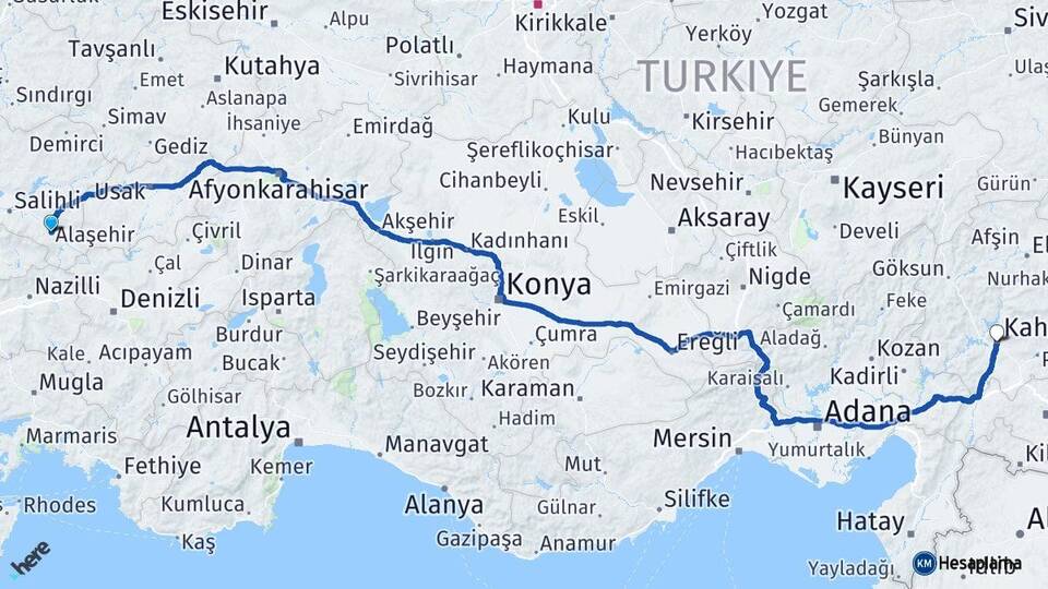 Manisa Alaşehir Kahramanmaraş Arası Kaç Km - Yol Haritası