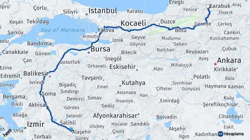 Manisa Alaşehir Karabük Arası Kaç Km - Yol Haritası