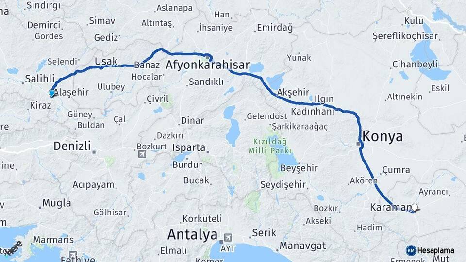 Manisa Alaşehir Karaman Arası Kaç Km - Yol Haritası