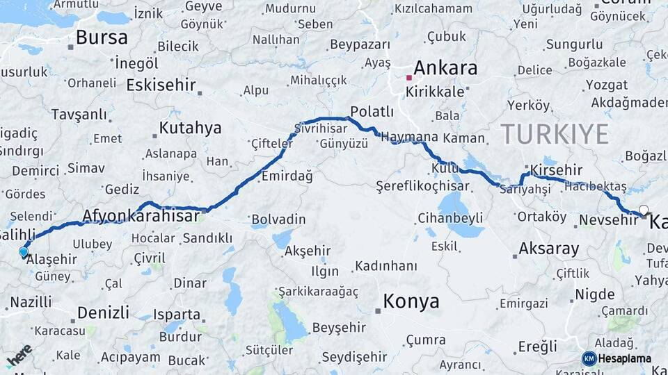 Manisa Alaşehir Kayseri Arası Kaç Km - Yol Haritası