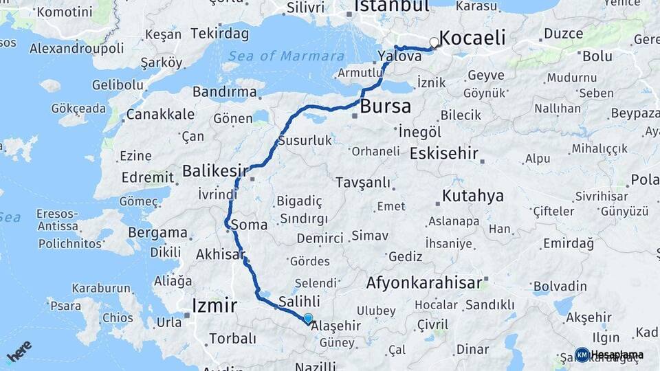 Manisa Alaşehir Kocaeli Arası Kaç Km - Yol Haritası