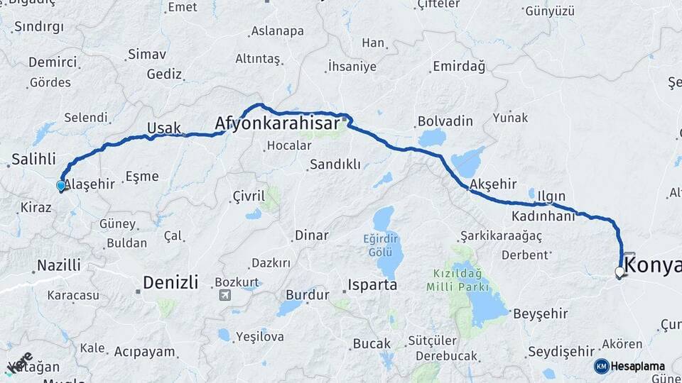 Manisa Alaşehir Konya Arası Kaç Km - Yol Haritası