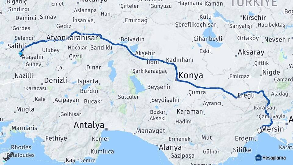Manisa Alaşehir Mersin Arası Kaç Km - Yol Haritası