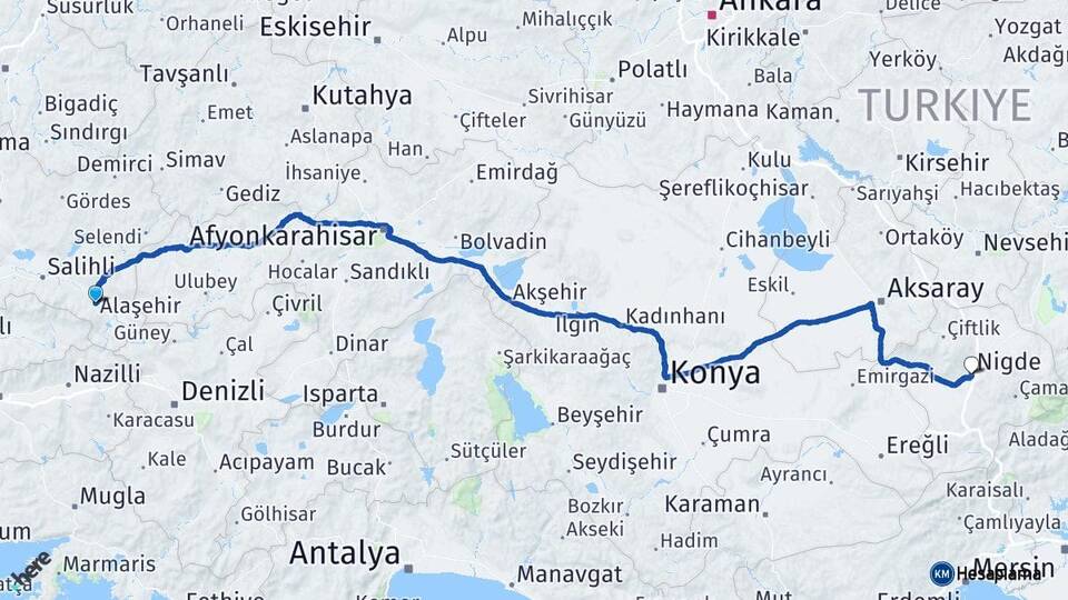 Manisa Alaşehir Niğde Arası Kaç Km - Yol Haritası
