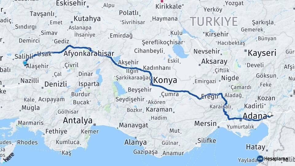 Manisa Alaşehir Osmaniye Arası Kaç Km - Yol Haritası