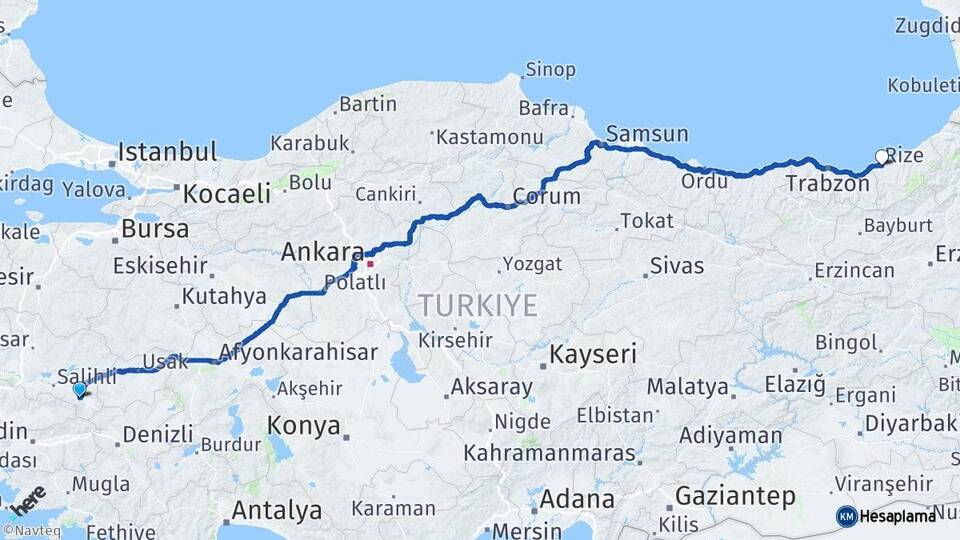 Manisa Alaşehir Rize Arası Kaç Km - Yol Haritası