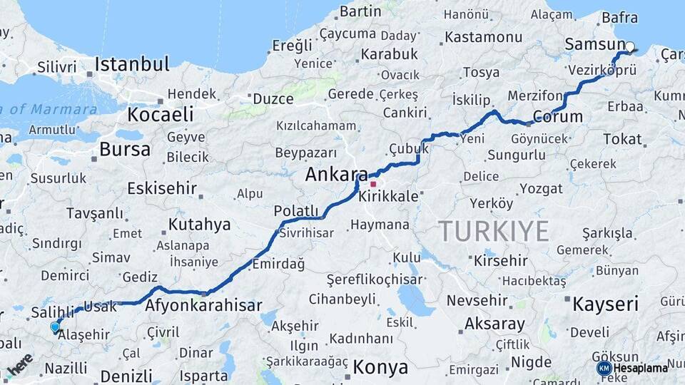 Manisa Alaşehir Samsun Arası Kaç Km - Yol Haritası