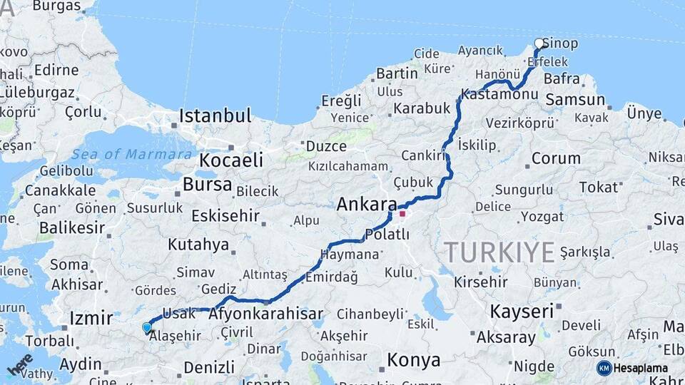 Manisa Alaşehir Sinop Arası Kaç Km - Yol Haritası