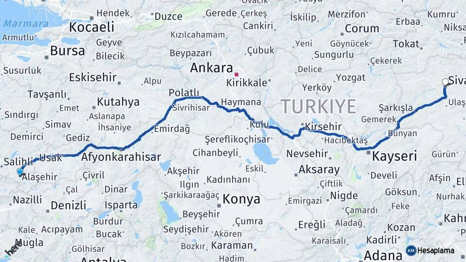 Manisa Alaşehir Sivas Arası Kaç Km - Yol Haritası