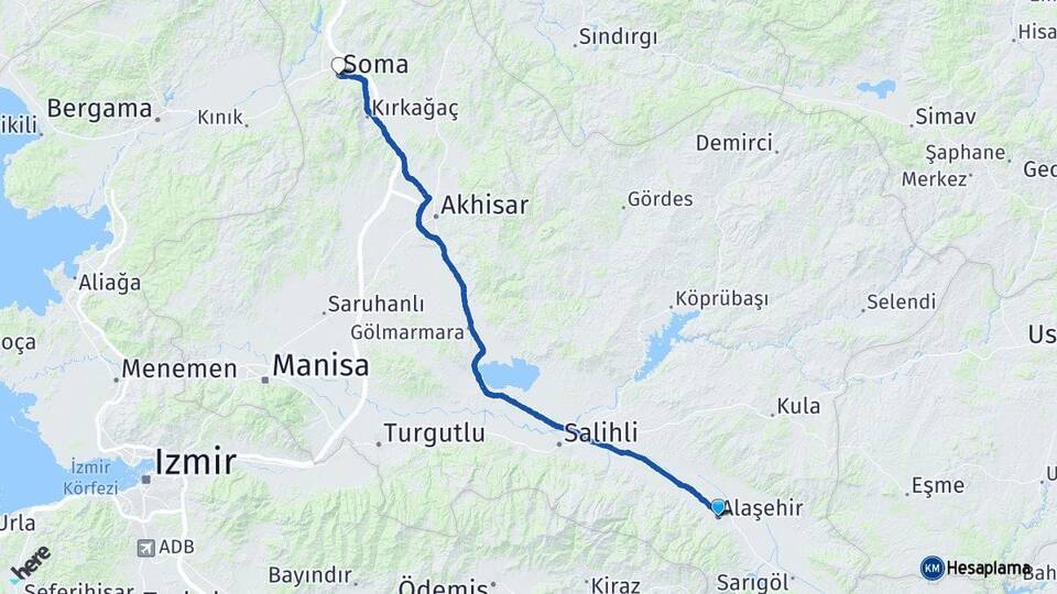 Manisa Alaşehir Soma Arası Kaç Km - Yol Haritası