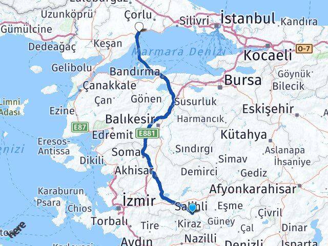 Manisa Alaşehir Tekirdağ Arası Kaç Km - Yol Haritası