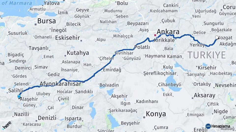 Manisa Alaşehir Yozgat Arası Kaç Km - Yol Haritası