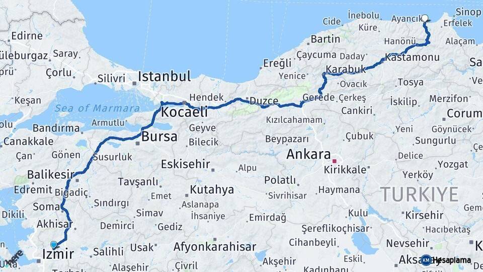 Manisa Ayancık Sinop Arası Kaç Km - Yol Haritası