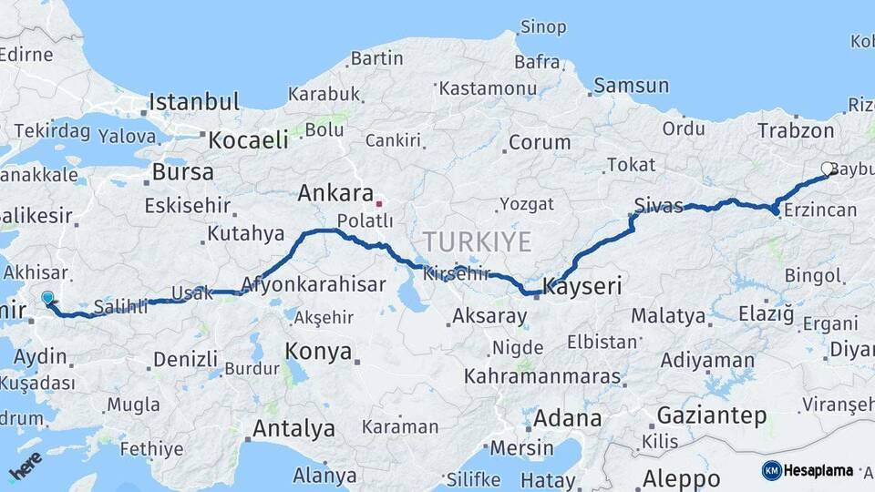 Manisa Bayburt Arası Kaç Km - Yol Haritası