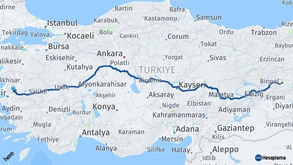 Manisa Bingöl Arası Kaç Km - Yol Haritası