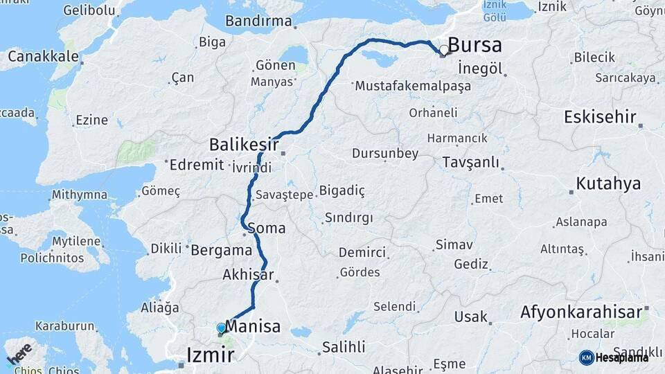 Manisa Bursa Arası Kaç Km - Yol Haritası