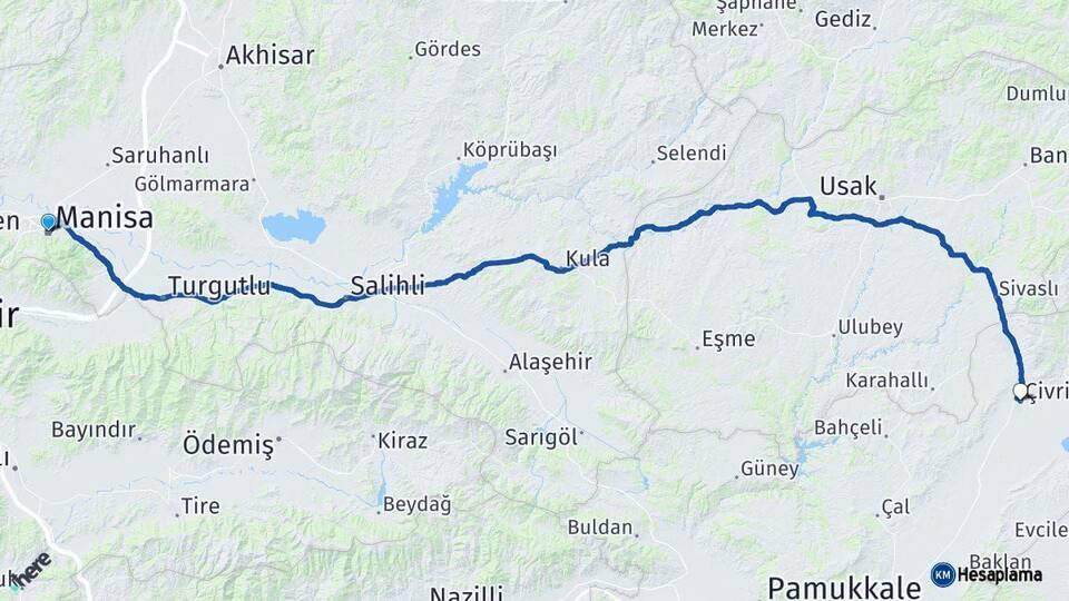 Manisa Çivril Denizli Arası Kaç Km - Yol Haritası